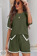 Olive green Vineyard Green Contrast Trim Tee and Shorts Set with white trim detailing