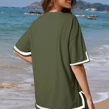 Olive green Vineyard Green Contrast Trim Tee and Shorts Set for relaxing in style