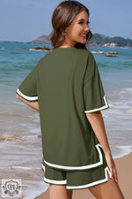 Olive green Vineyard Green Contrast Trim Tee and Shorts Set for relaxing in style