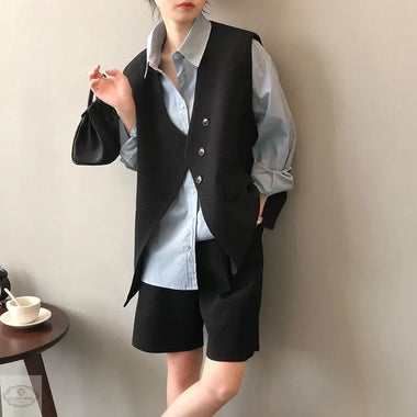 Waffle Set Women  Spring V neck Outerwear Vest Shorts Two Piece Set - Quality Home Clothing| Beauty