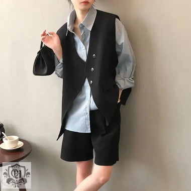 Waffle Set Women  Spring V neck Outerwear Vest Shorts Two Piece Set - Quality Home Clothing| Beauty