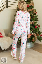 White Christmas Pattern Long Sleeve Top and Wide Leg Pants Set in floral print, sizes Euro sizes