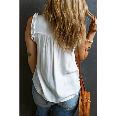 White Button Split Neck Ruffled Trim Tank Top - Tops/Tank Tops