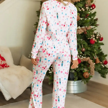 White Christmas Pattern Long Sleeve Top and Wide Leg Pants Set in floral print, sizes Euro sizes