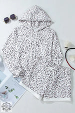 White Classic Leopard Hoodie and Shorts Set in black musical note pattern for relaxed style