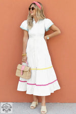 White Colorblock Rickrack Trim Short Sleeve Drawstring Waist Long Dress - Dresses/Maxi Dresses