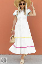 White Colorblock Rickrack Trim Short Sleeve Drawstring Waist Long Dress - Dresses/Maxi Dresses