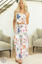 White Colorful Printed Square Neck Tank and Wide Leg Pants Set - Two Piece Sets/Pant Sets