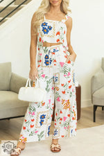 White Colorful Printed Square Neck Tank and Wide Leg Pants Set - Two Piece Sets/Pant Sets