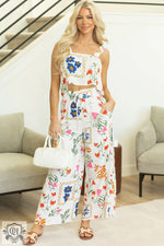 White Colorful Printed Square Neck Tank and Wide Leg Pants Set - Two Piece Sets/Pant Sets