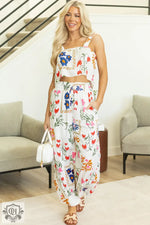 White Colorful Printed Square Neck Tank and Wide Leg Pants Set - Two Piece Sets/Pant Sets