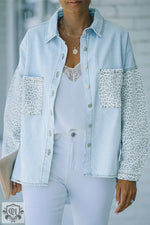 White Contrast Leopard Denim Jacket - Sky Blue / S / 83% Cotton + 17% Polyester - Outerwear/Denim jackets