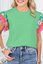 White Contrast Ricrac Floral Sleeve Top - Light Green / S / 70% Polyester + 25% Cotton + 5% Elastane - Tops/Tops & Tees