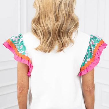 White Contrast Ricrac Floral Sleeve Top - Tops/Tops & Tees