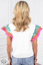 White Contrast Ricrac Floral Sleeve Top - Tops/Tops & Tees