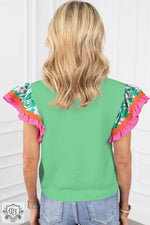 White Contrast Ricrac Floral Sleeve Top - Tops/Tops & Tees