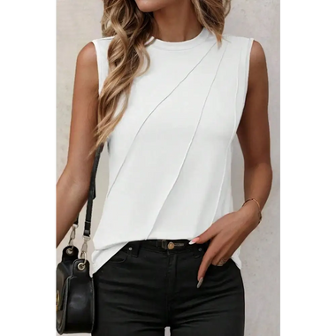 White Crew Neck Pleated Tank Top - White / S / 62% Polyester + 32% Cotton + 6% Elastane - Tops/Tank Tops