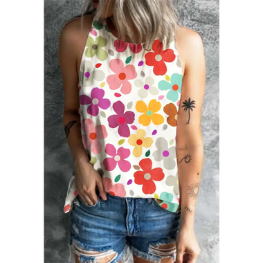 White Cute Floral Print Vest - White / S / 100% Polyester - Tops/Tank Tops