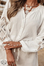 White Embroidered Textured Buttoned Crew Neck Shirt in Euro sizes with balloon sleeves