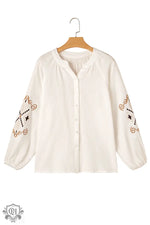 White Embroidered Textured Buttoned Crew Neck Shirt in Euro Sizes with floral sleeve designs