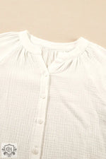 White embroidered textured buttoned crew neck shirt in euro sizes with gathered neckline