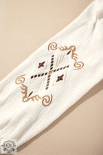 White Embroidered Textured Buttoned Crew Neck Shirt in euro sizes with geometric design