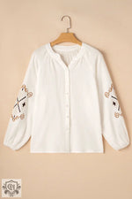 White Embroidered Textured Buttoned Crew Neck Shirt in euro sizes with floral sleeve designs