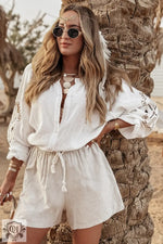 White linen romper with lace sleeves and drawstring waist in euro sizes for relaxed fit