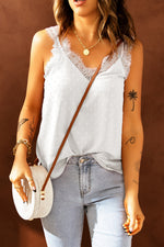 White Eyelash V Neck Cami Tank Top with lace trim, ideal for summer outfits in various sizes bust length