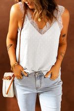 White Eyelash V Neck Cami Tank Top with lace trim paired with light wash jeans showcasing size options