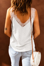 White eyewear V Neck Cami Tank Top with lace trim, available in various sizes bust length