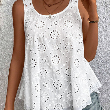 White Eyelet Embroidery Tank Top - White / S / 100% Cotton - Tops/Tank Tops