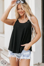 Black sleeveless tank top paired with distressed denim shorts featuring bust hem width