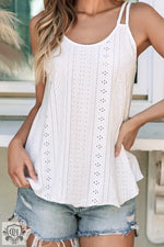 White Eyelet Strappy Scoop-Neck Tank Top with bust hem width and vertical pattern detailing