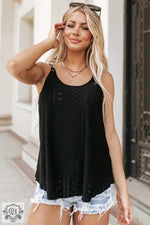 Flowy black sleeveless tank top with eyelet detailing and flattering bust hem width