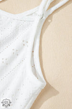 White Eyelet Strappy Scoop-Neck Tank Top showcasing bust hem width and delicate fabric