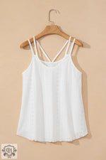 White Eyelet Strappy Scoop-Neck Tank Top on wooden hanger showcasing bust hem width design