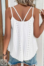 White Eyelet Strappy Scoop-Neck Tank Top featuring scalloped hem and bust hem width