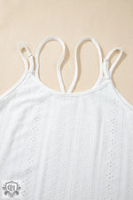 White eyelet strappy scoop-neck tank top with embroidered detail and comfortable fit