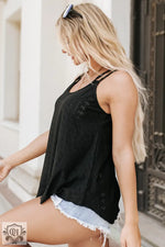 Black sleeveless knit tank top with eyelet details and bust hem width for stylish layering