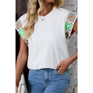 White Floral Crochet Sleeve Crew Neck Top featuring colorful geometric patterned sleeves in various sizes