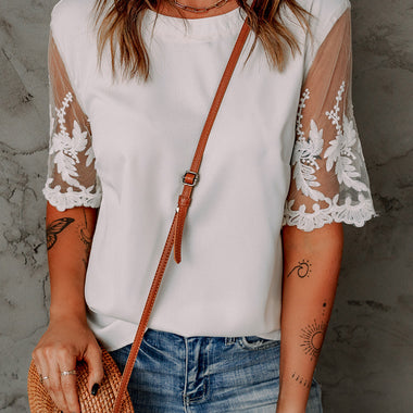 White Floral Lace Sleeve Patchwork Top - White / S / 100% Polyester - Tops/Tops & Tees