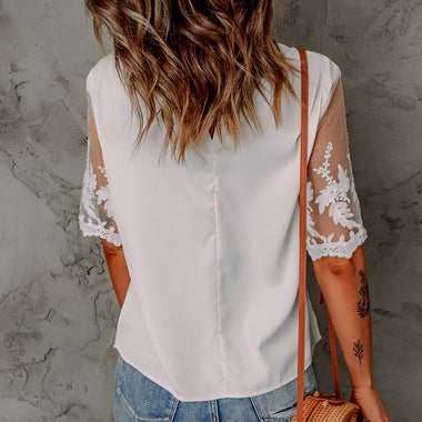 White Floral Lace Sleeve Patchwork Top - Tops/Tops & Tees