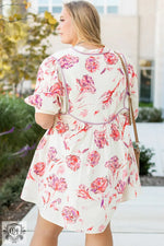 White Floral Print Lace up V Neck Balloon Sleeve Plus Size Shift Mini Dress for Relax Relax