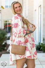 White Floral Print Lace Up V Neck Balloon Sleeve Plus Size Shift Mini Dress with Crossbody Bag