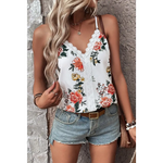 White Floral Print Lace V Neck Tank Top - White / S / 100% Polyester - Tops/Tank Tops