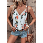 White Floral Print Lace V Neck Tank Top - Tops/Tank Tops