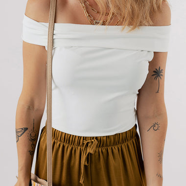 White Folded Off Shoulder Slim Top with brown drawstring pants for relaxed style