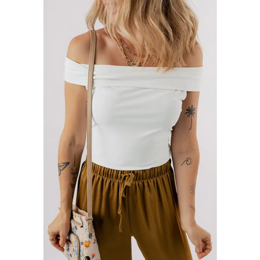 White Folded Off Shoulder Slim Top with brown drawstring pants for relaxed style