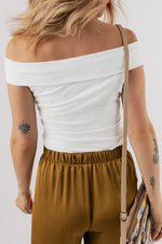 White Folded Off Shoulder Slim Top with mustard-colored pants, sizes bust waist available